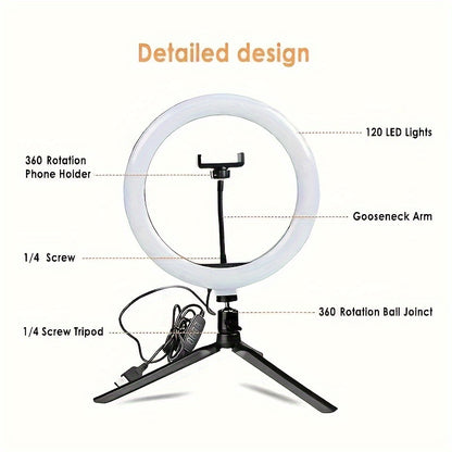 1pc 10" Dimmable LED Ring Fill Light with Tripod, Phone Holder