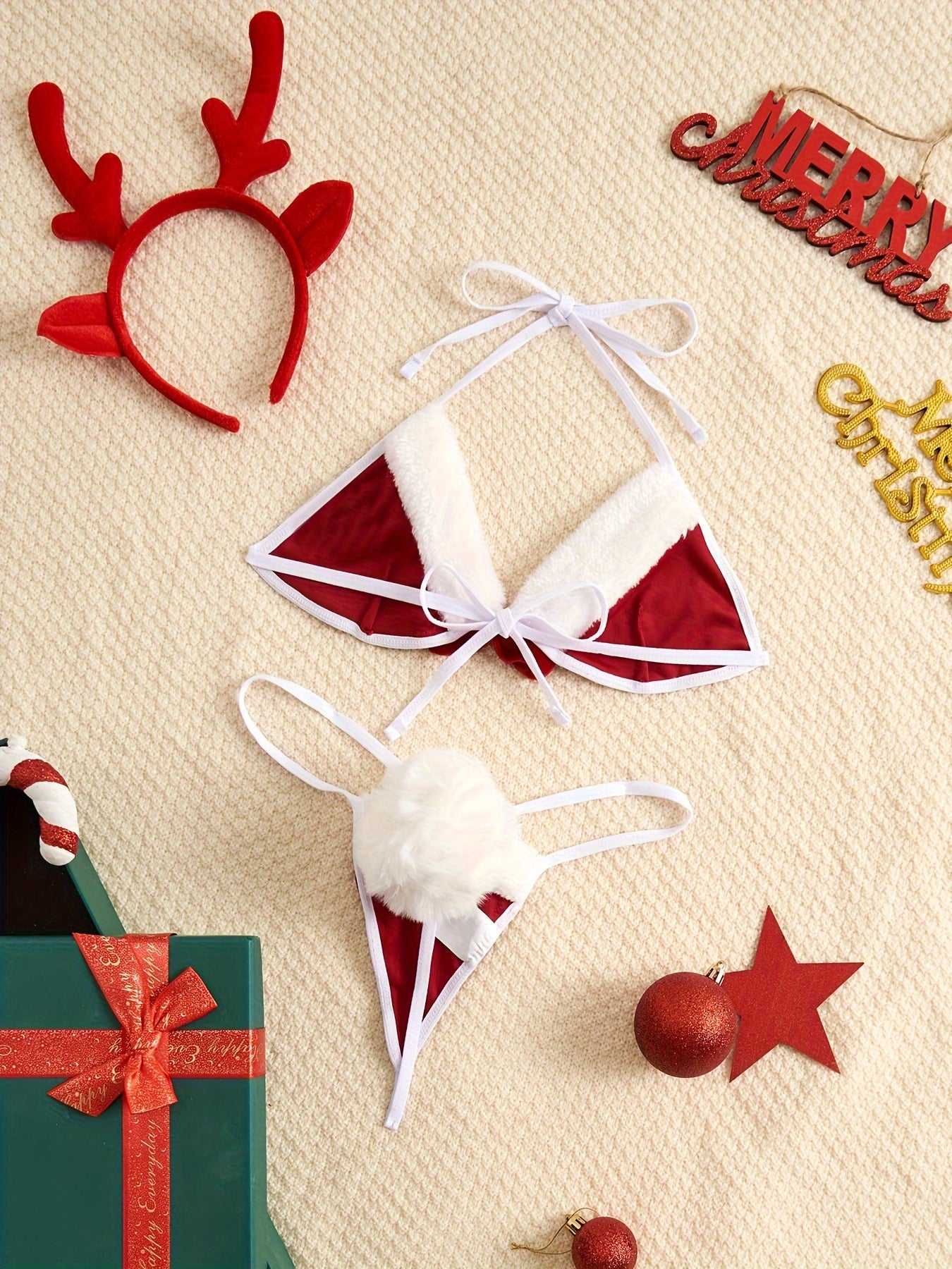 Elegant Christmas Costume Set, Hair Hoop & Bra & Panty, Women's Sexy Lingerie & Underwear