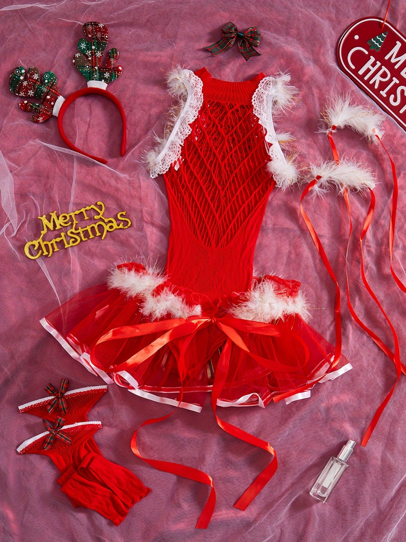 Sexy Christmas Lingerie Set for Women - Includes Bodysuit, Apron, Stockings & Accessories