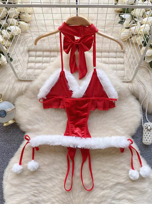 Sultry Red Christmas Lingerie Set for Women - Sexy Halter Teddy with Plush Cut-Out