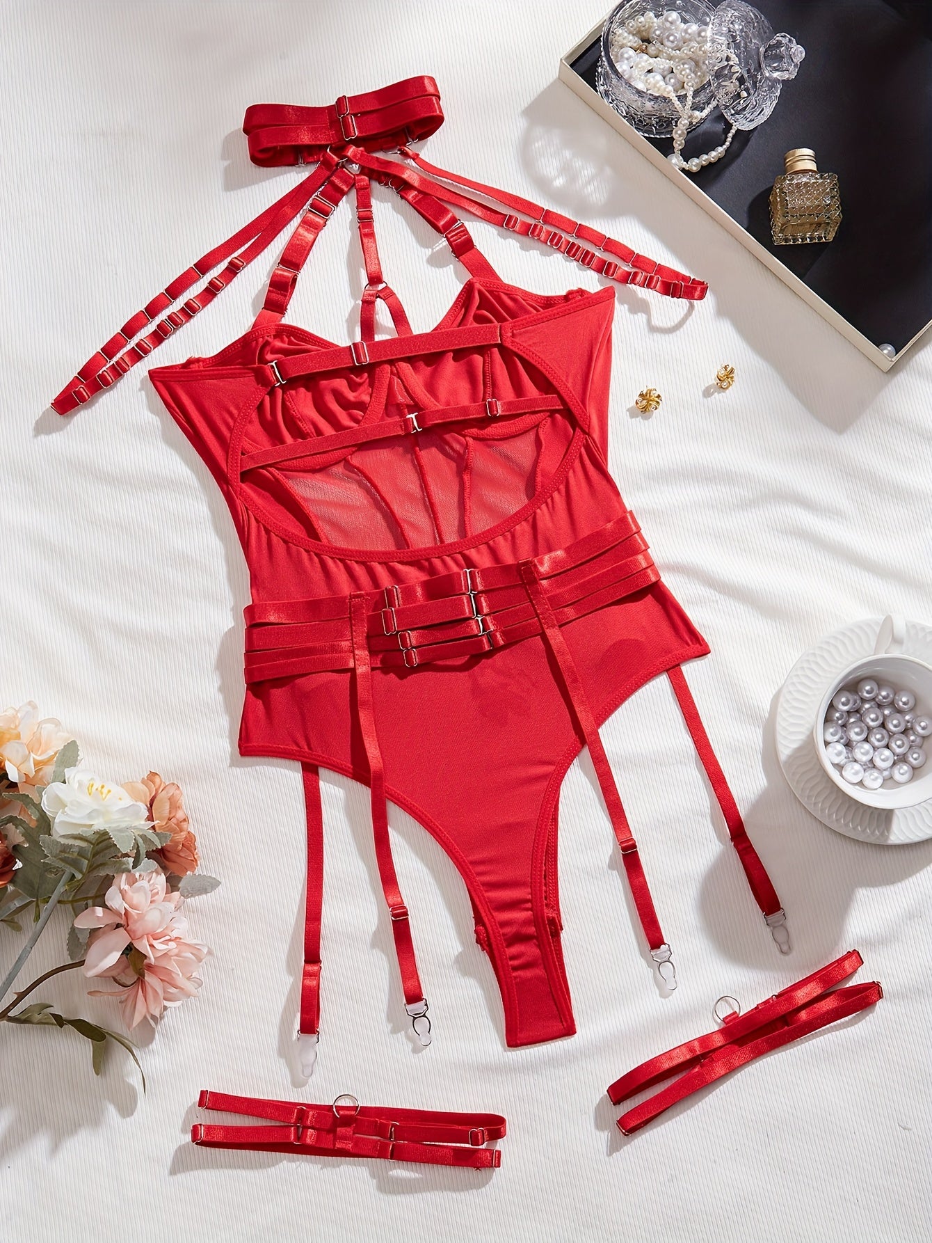 Sultry Semi-Sheer Mesh Bodysuit - Cross Strappy Halter Neck