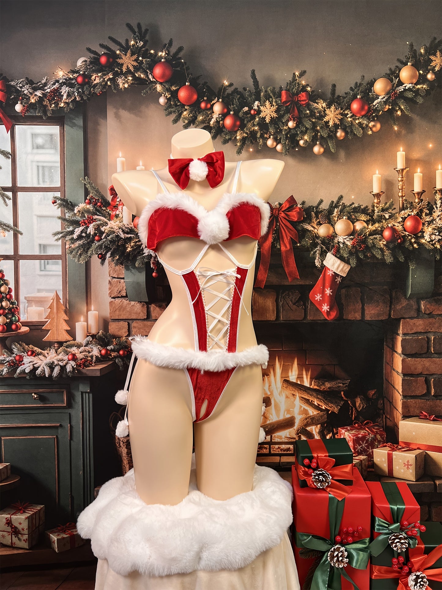 Elegant Women's Christmas Lingerie Set - Sexy Open Back Bodysuit with Bow Neck & Matching