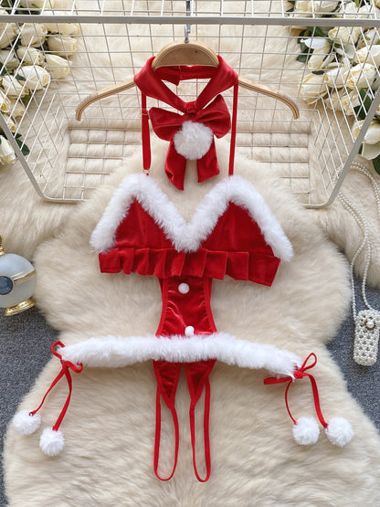 Sultry Red Christmas Lingerie Set for Women - Sexy Halter Teddy with Plush Cut-Out