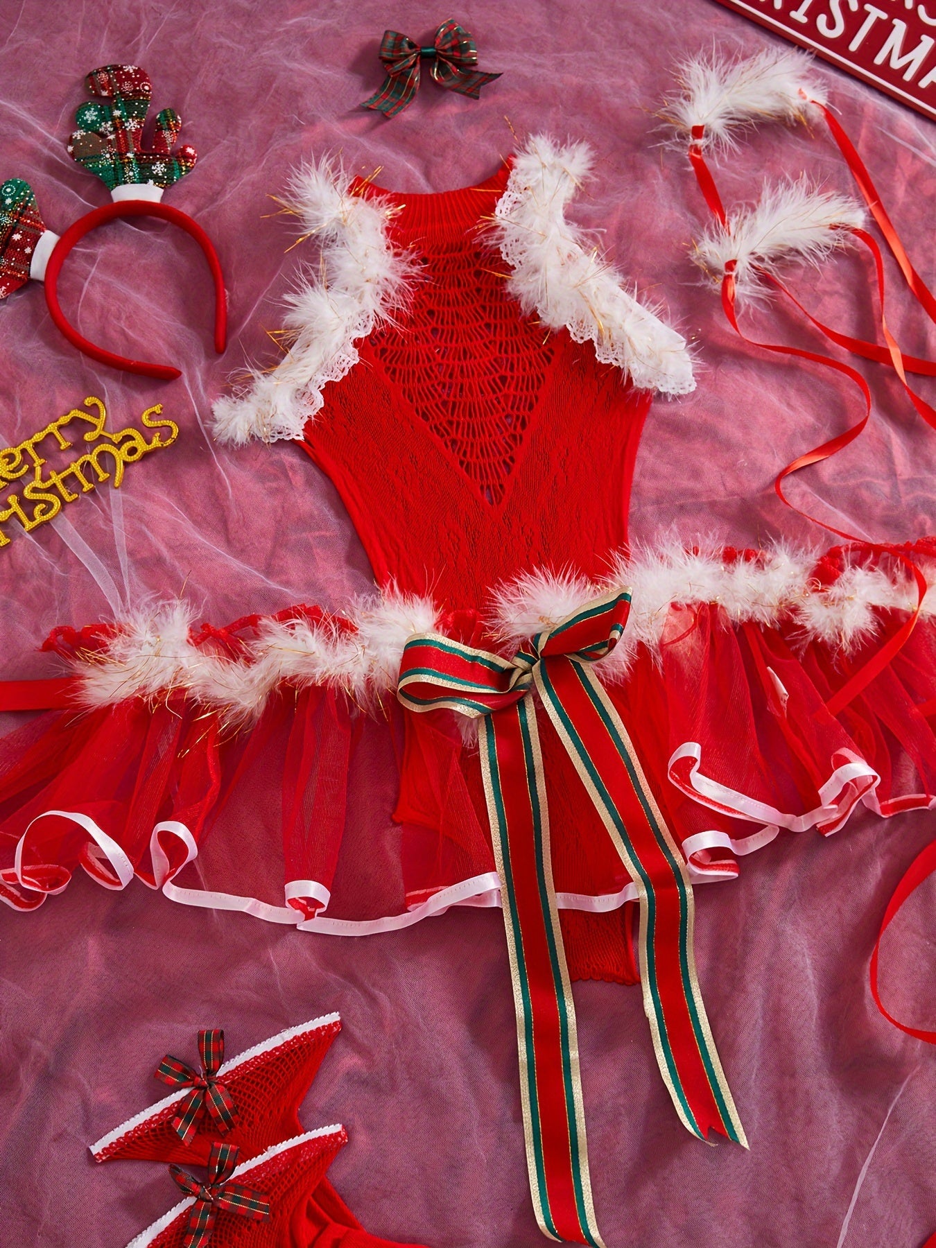 Sexy Christmas Lingerie Set for Women - Includes Bodysuit, Apron, Stockings & Accessories