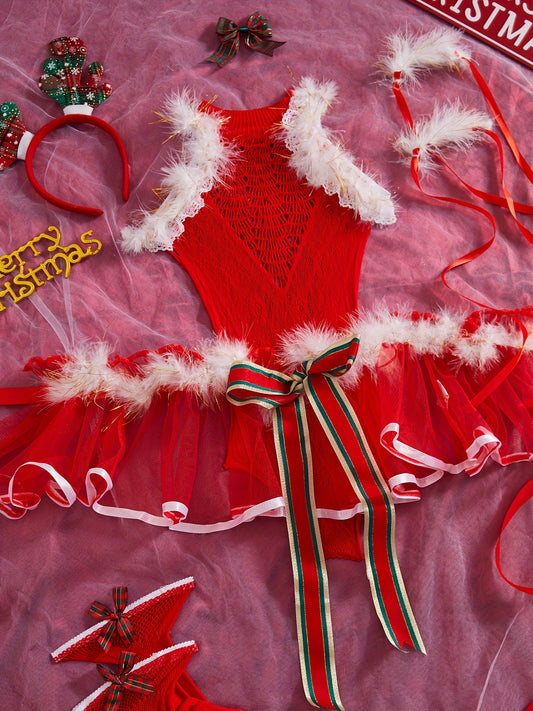 Sexy Christmas Lingerie Set for Women - Includes Bodysuit, Apron, Stockings & Accessories