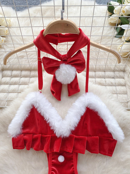 Sultry Red Christmas Lingerie Set for Women - Sexy Halter Teddy with Plush Cut-Out