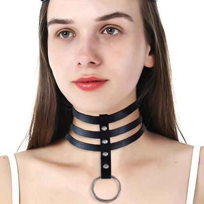 Punk Hollow Faux Leather Choker Necklace - Adjustable Three-Strap Design for a Customizable Fit, Premium Artificial Leather for a Luxurious Feel, Sexy Womens Lingerie and Underwear Accessory for a Romantic Evening or Night Out