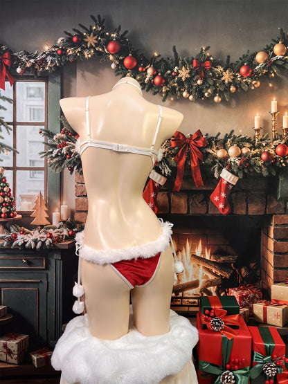 Elegant Women's Christmas Lingerie Set - Sexy Open Back Bodysuit with Bow Neck & Matching